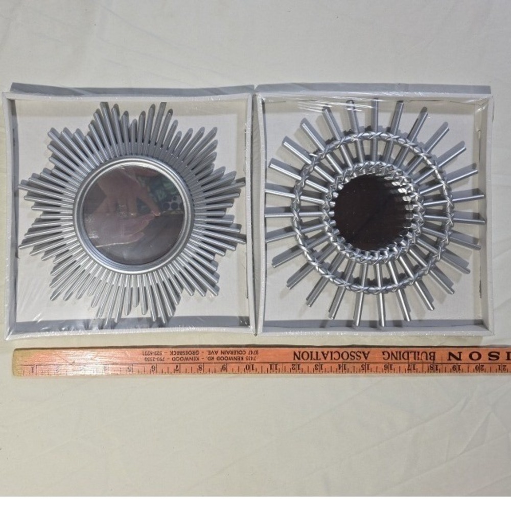 Set of 2 Silver Sunburst Wall Mirrors Decorative Round Accent Home Decor 10 inch